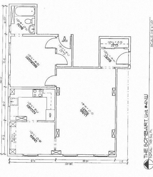 Floor plan for 1 bed, 1 bath, 765 sqft
